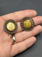 Antique Pair Of Lithograph Buttons Portrait Type With Fancy Edging