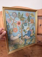 Vintage 1970s Needlepoint Tapestry Framed Wall Hanging Sheppard Boy Sheep