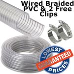 PVC HOSE CLEAR WIRE REINFORCED NON-TOXIC WATER TUBE PIPE & 2 FREE HOSE CLIPS