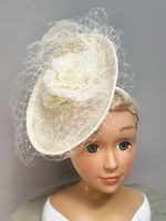 Elegant Cream Pillbox Fascinator with Birdcage Veil and Floral Accents Headpiece