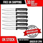 SET OF 6 STAINLESS STEAK KNIVES BLACK HANDLE SHARP SERRATED EDGE KNIFE CUTLERY