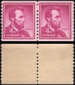 US #1058 MNH 4c Lincoln coil pair, EFO: broken perf pin