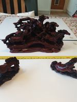 3 x Red Resin Chinese Ornaments of 10 Running Horses 23cm x 12cm VGC