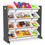 LIVIVO 4 Tier Kids Toy Storage Unit with 12 Plastic Boxes Grey White
