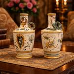 Pair Italian Majolica Renaissance Revival Snake Bottle Vases Polychrome 19thC