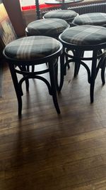 low stools Thonet Bentwood x 5 upholstered in black tartan