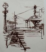 Original brown ink stick line drawing of the steps UCL building London on  paper