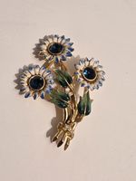 Vintage Enamel Rhinestone Flower Brooch Gold Tone Floral Pin Blue 3.5" 