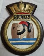 HMS Sultan - Ship Crest Plaque Badge, Hand-Painted, Solid Mahogany Mount, 455g