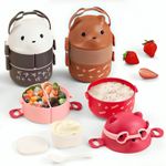 Cute Bento Lunch Box With Compartments Stackable Food Container School Kids Bear