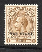 Falkland Is. 1918-20 War Tax 1/- with Broken 'W' & wide 'P' SG 72b Mint. (R4634)