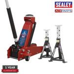 Sealey Trolley Jack 3t & Axle Stands (Pair) 3t per Stand Combo Red Lift Garage