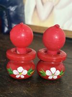 Lot 2 Unused Vintage Swedish Red Wooden Candle Holder White Flower Folk Art