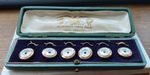 Vintage 6 x Gilt Dress Buttons Original Box Mother of Pearl & Green Stone