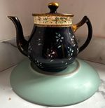 Black Floral Ceramic Tea Pot with Lid, Gold Trim, Glossy Traditional 2 Cup