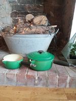 Pair of 2x Le Creuset Black Handled Cast Iron Saucepans 16/22cm Classic Green