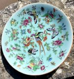 Antique Chinese celadon plate 10” birds butterflies fruit flowers famille rose 