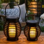 Solar Black Rattan Effect LED Flickering Candle Outdoor Hanging Garden Lantern