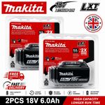 2x Genuine Makita 6ah 18v Power Tool Battery BL1860B 18V Li-lon Battery-black
