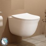 Divine Wall Hung Gloss White Round Rimless Toilet Bathroom, Slim Soft Close Seat