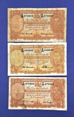 Australian 10 Ten Shillings Banknotes, 3 diff. signatures George VI 1942-52