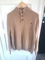 Ralph Lauren Mens Sweater Knit 3 Button Monk Neck Camel Brown Size XL