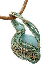 Verdigris Amazonite Steampunk Pendant: Brass Wire Wrap, Swirl Model