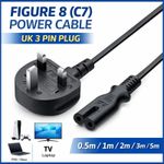 UK FIGURE 8 POWER CABLE C7 LEAD 2 PIN TV PS5 PS4 XBOX LAPTOP MAINS 1M–10M LOT