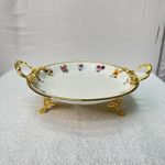 Vintage Floral Ceramic Serving Dish w/ Gold Handles & Feet Elegant Centerpiece
