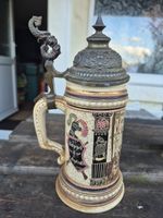 Vintage German Beer Stein Tankard Art Pottery Ceramic Mug With Metal Lid