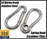 Marine Grade A4 Stainless Steel Carabiner Spring Hook Snap Clips Eyelets Rope