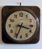 Vintage BHS Quartz Wall Clock Day Date West Germany Brown Retro Space Age 70s