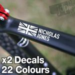 x2 PERSONALISED ENGLAND UNION FLAG BIKE FRAME NAME STICKERS VINYL DECAL CYCLE