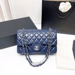 Women's Navy Blue Quilted Lambskin Flap Bag with Silver Chain Strap