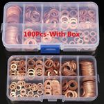 100xCopper Washer Gasket Nut and Bolt Set Flat Ring Seal Assortment Kit with Box