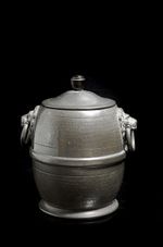 VINTAGE HALL BROS HAND BEATEN PEWTER LION HANDLE BISCUIT BARREL  1950S