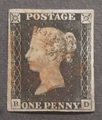 Penny Black 1840 Stamp QV SG2, very light Red MX cancel, Corner Letters BD