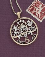 Latvia Royal Seal Coin Pendant & Necklace. Hand cut. 1 - 3/8" diameter ( # 443 )