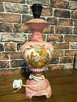 Vintage Pink Porcelain Ceramic Table Lamp Hand Painted Rococo Courting Scene