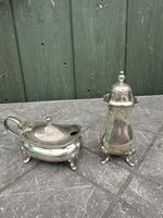 Vintage Silver Plate Pepper Shaker & Lidded Mustard Pot With Blue Liner 