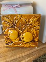 Rare Victorian Minton Hollins Amber Glaze Moulded  Apples Majolica 8" Tile C1880