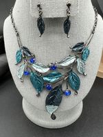 Leaf Statement Necklace And Earrings Set  Shades of Blue 16-19”
