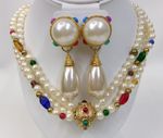 Vtg Chunky Dauplaise 3-Strand Faux Pearl Colored Bead Choker & Clip Earrings Set