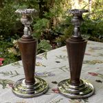 Vintage Wooden & Silver Tone Candlesticks Pair Turned Wood Candle Holders