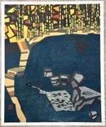 1960 Okiie Hashimoto Signed Huge Woodblock Print - Garden with Bamboo Fountain