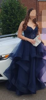 Navy Waterfall Prom Dress With Embroidered Bodice  Size 8-10