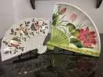 Chinese Fan Wall Plates Hand Painted Porcelain Hong Kong Lotus Pair