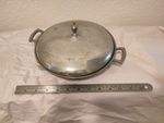 Revere ware pewter serving dish with green glass insert, 10"