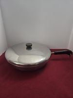 Vintage Revere Ware 12" Copper Bottom Stainless Skillet Sautee Pan w/ Lid