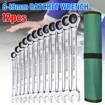 12Pcs/Set Ratchet Spanners Combination Ratchet Wrench Spanner 72T Fixed 8mm-19mm